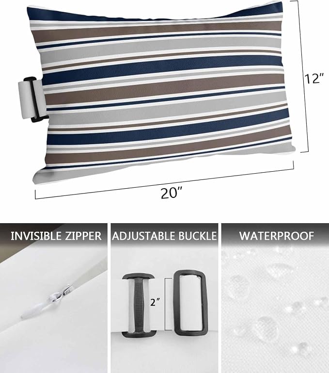 Pack of 2 Outdoor Lumbar Pillow Covers 12x20 Inch, Grey Navy Blue Striped Waterproof Throw Pillow Covers Set, Farmhouse Stripes Modern Abstract Art Outside Decorative Cushion Cases for Patio Porch Car