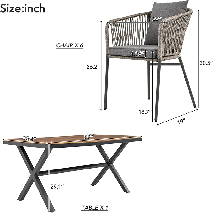 7PCS Outdoor Dining Set, Patio Table and Chairs Set for 6, Rope Weaving Patio Chairs with Thickened Cushions & Rectangular Dining Table with Metal Frame and Acacia Wood Tabletop, Gray