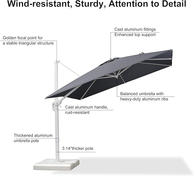 PURPLE LEAF 9 FT Patio Umbrella White Cantilever Umbrella Aluminum Square Outdoor Offset Umbrella Hanging Windproof with 360° Rotation for Garden Deck Pool, Light Grey