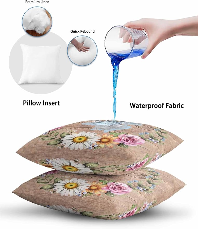 Outdoor Waterproof Throw Pillows Farmhouse Bee Flower Wreath Patio Pillows,Decorative Pillow Covers with Insert,Pillow Cushion Case for Garden Couch Sofa Farm Retro Wood Board