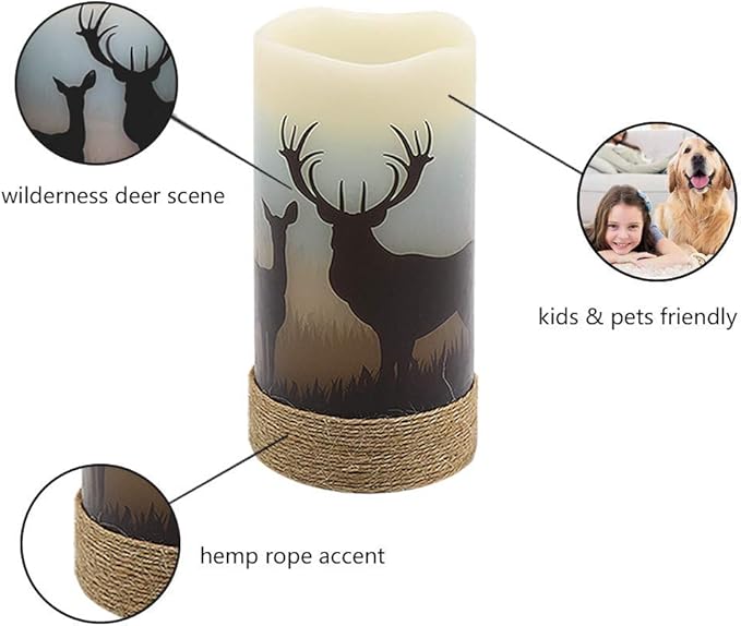 GenSwin Flameless Flickering Led Candles with Hemp Rope and 6H Timer, Battery Operated Set of 3 Real Wax Pillar Rustic Candles Warm Light with Deer, Moose, Bear Decals Decor Christmas Home(D3 x H6)