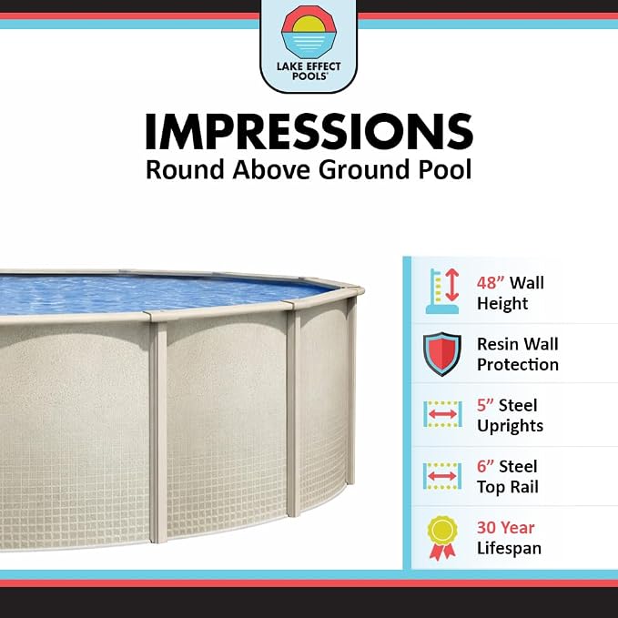 Lake Effect Pools 'Impressions' 27 ft Round Above Ground Swimming Pool Bundle | 48 Inch Height | Steel Sided Walls | Kit Includes: 25 Gauge Liner, A-Frame Ladder, Sand Filter/Pump, & Skimmer
