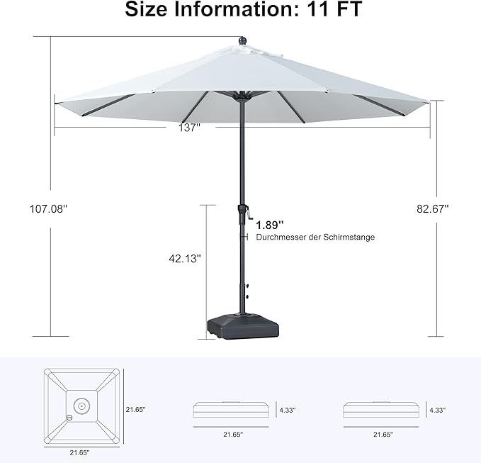 PURPLE LEAF 11' Round Patio Market Umbrella with Base Outdoor Table Umbrellas Aluminum Frame Sun Shade with 8 Sturdy Ribs for Garden Deck Lawn Pool White