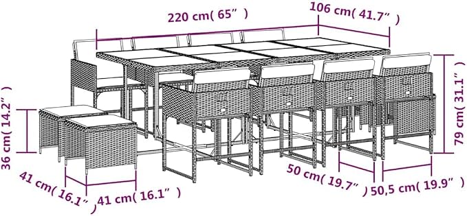 13 pcs Set Modern Garden Dining Set & Patio Dining Set Black PE Rattan Outdoor Dining Set Set Outdoor Furniture Set for Backyard Front Porch Lawn 41.7 x 86.6 x 28.7 in