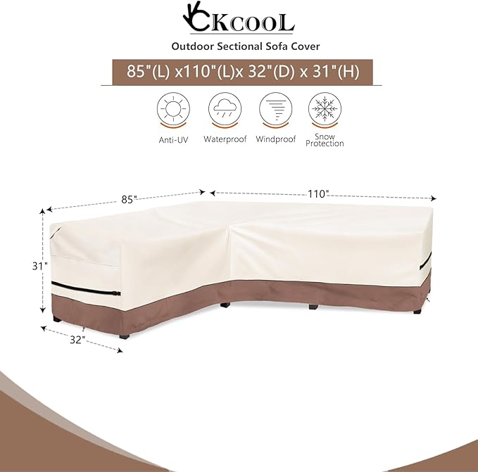okcool Outdoor Sectional Sofa Cover Waterproof-L-Shaped Patio Furniture Covers for 6-Seater Outdoor Sectional Furniture Couch 85"(110''L) x 32''D x 31''H, Beige & Brown