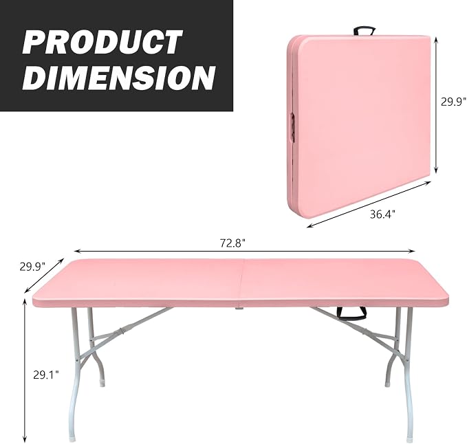 Portable Plastic Folding Table 4ft/6ft/8ft Heavy Duty White Black Picnic Dining Table Fold-in-Half for Camp Party Kitchen Indoor Outdoor (Pink, 6FT)