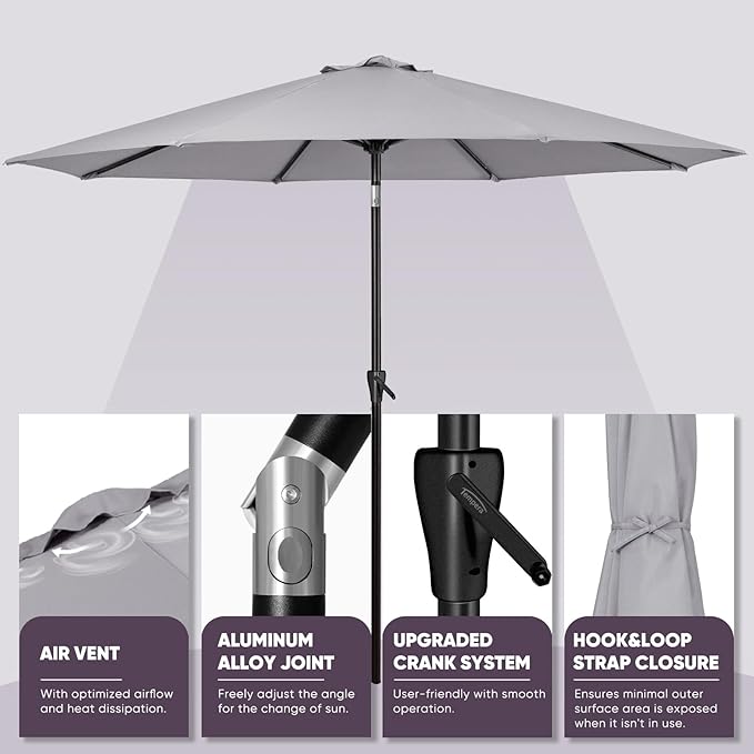 Tempera Patio Market Outdoor Table Umbrella with Push Button Tilt and Crank, Large Sun Umbrella with Sturdy Pole & Fade Resistant Canopy, Easy to Set