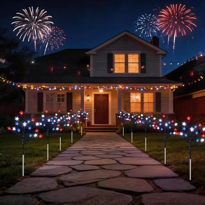 4th of July Decorations Outdoor, 5 Pack Solar Star Lights Red White Blue, 29.5IN 22.3FT 75 LED Patriotic Pathway Lights, 8 Modes Auto On/Off IP65 Waterproof Yard