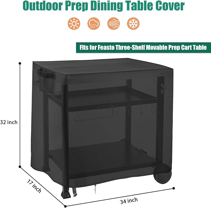 Outdoor Dining Cart Cover for Feasto 34 Inch Three-Shelf Movable Food Prep and Work Cart Table, Waterproof Outdoor Grill Cart Pizza Oven Table Cover - 34 X 17 X 32 Inch