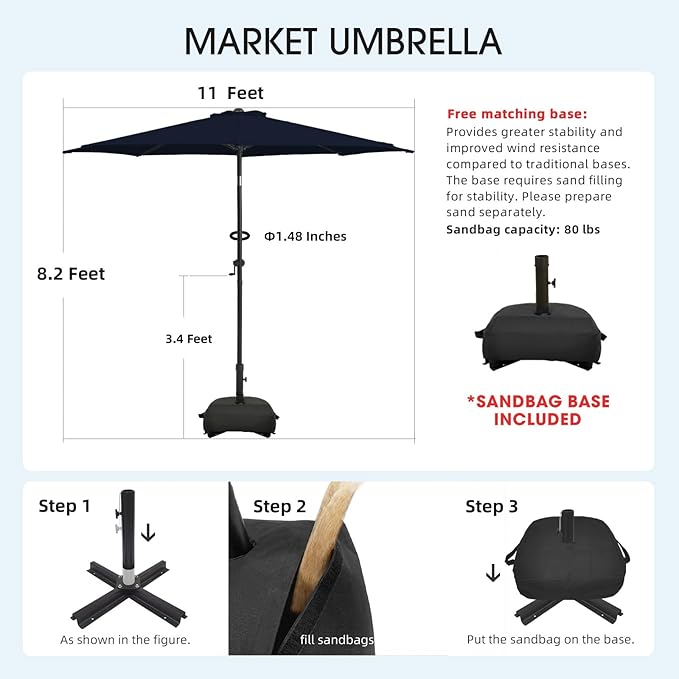 wikiwiki 11FT Patio Umbrella with Base, Outdoor Umbrellas with Base Included, 8 Sturdy Ribs, Waterproof Fade Resistant POLYESTER DTY Canopy for Deck, Lawn, Garden, Backyard & Pool, Navy