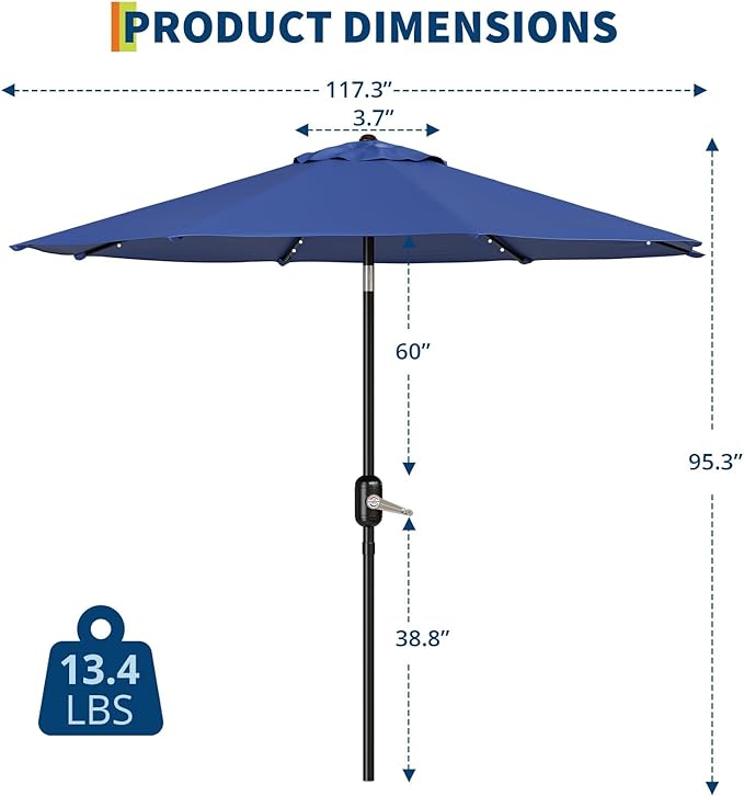 10FT Patio Umbrella with Solar Lights, Outdoor Market Table Umbrella with 8 Ribs, 40 LED Lights and Crank Handle for Pool, Lawn, Garden, Backyard, Navy Blue