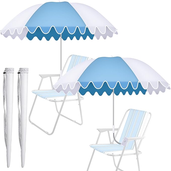 Abbylike 2 Pcs Scalloped Chair Umbrella with Universal Adjustable Clamp 38'' Portable Wheelchair Umbrella UPF 50+ Camping Chair Parasol with Bag for Outdoor Patio Lawn