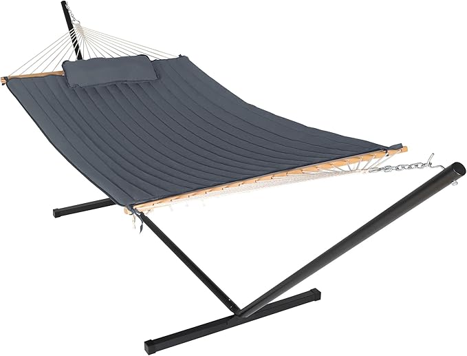 MUPATER 12FT Double Hammock with Stand Included, 2 Person Hammock, Outdoor Quilted Hammock with Stand, Rope Hammock with Pad and Pillow, hamacas para adultos,Grey