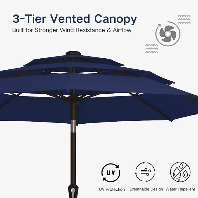 10FT Patio Umbrella 3 Tiers Outdoor Market Umbrella w/Push Button Tilt, Crank, UV and Waterproof Table Umbrella for Garden, Pool, Backyard, Deck, Lawn, Navy Blue