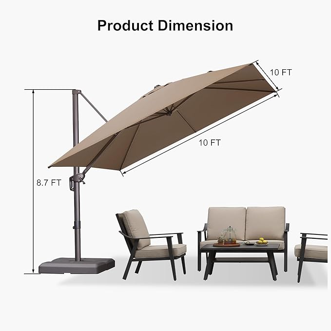 PURPLE LEAF 10' X 10' Patio Cantilever Umbrella Antique Bronze Square Outdoor Umbrella with 360° Rotation and Aluminum Offset Hanging for Garden Backyard Pool, Taupe