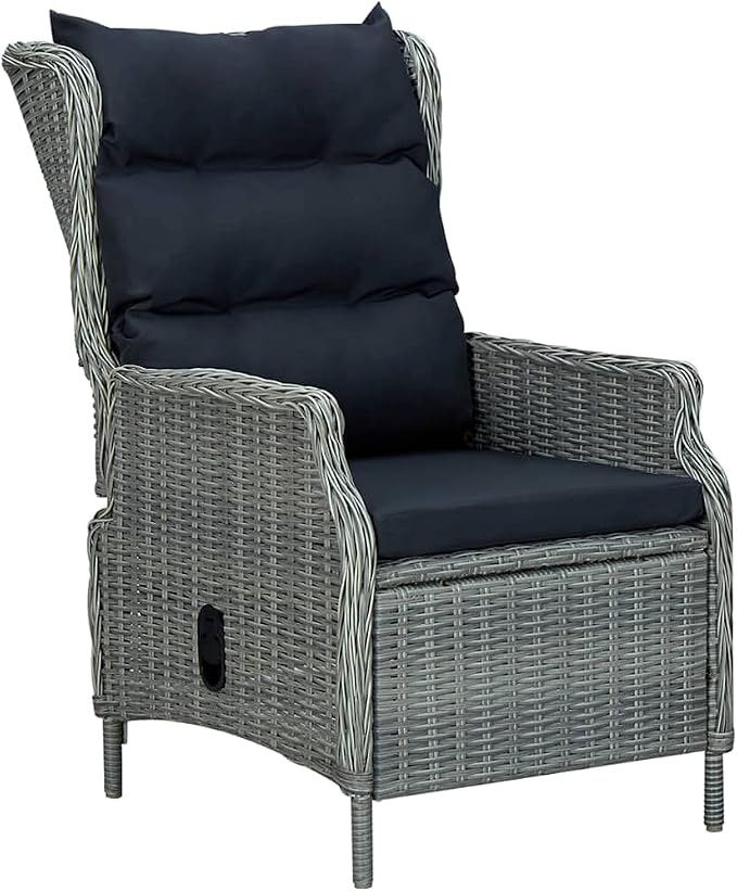 3 Piece Patio Dining Set Light Gray with Reclining Chairs, Outdoor Rattan Glass Table Set for Garden, Backyard, Balcony, Weather-Resistant Steel Frame, Removable Washable Cushion, Easy Assembly