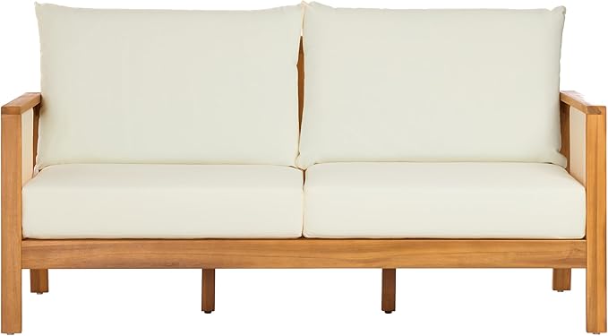 Christopher Knight Home Crew Acacia Wood Outdoor Loveseat and Coffee Table Set, 2 Piece Patio Furniture Set with Removable Cushion, Solid Wood Outdoor Conversation Set, Teak+Beige