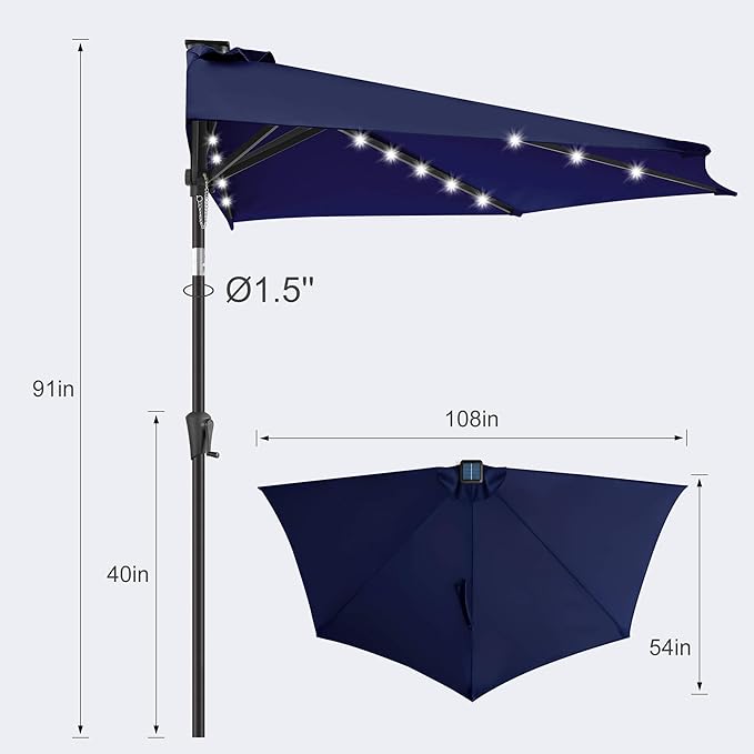 FLAME&SHADE 9 FT Solar Half Patio Umbrella with 25 LED Lights, Half Outdoor Umbrella with Button Tilt, Half Round Table Umbrella For Deck, Backyard, Balconies, Decks, Rvs, UV Protection (Navy Blue)