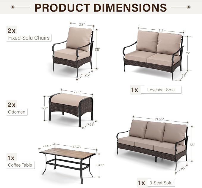 GREEN PARTY Extra Large Outdoor Patio Furniture Set 7 Pieces for 9, Modern Metal Patio Conversation Sets with High Back 3-Seat Sofa & Loveseat Sofa, 2 Fixed Chairs, 2 Ottoman, 1 Coffee Table