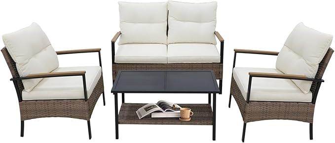 COOS BAY Sunset Haven Outdoor Patio Furniture Set, Outdoor Conversation Set, Rattan Wicker Sofa, Loveseat, 2 Patio Chairs and Coffee Table, Brown/Beige