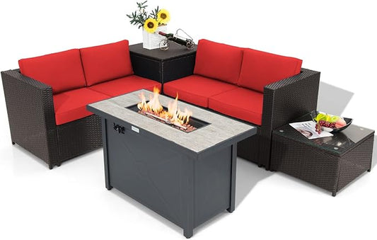 Tangkula 5-Piece Patio Furniture Set with 42 Inches Propane Fire Pit Table, Outdoor Wicker Conversation Set with Cushions, Storage Box and Coffee Table, 60,000 BTU Propane Fire Pit Table (Red)