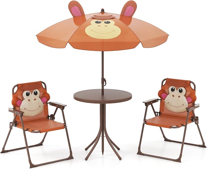 KOTEK Kids Picnic Table with Umbrella, Outdoor Table & 2 Folding Chairs, Cute Pattern Children’s Patio Furniture, Portable Kids Table and Chair Set for Backyard, Garden, Beach (Brown)