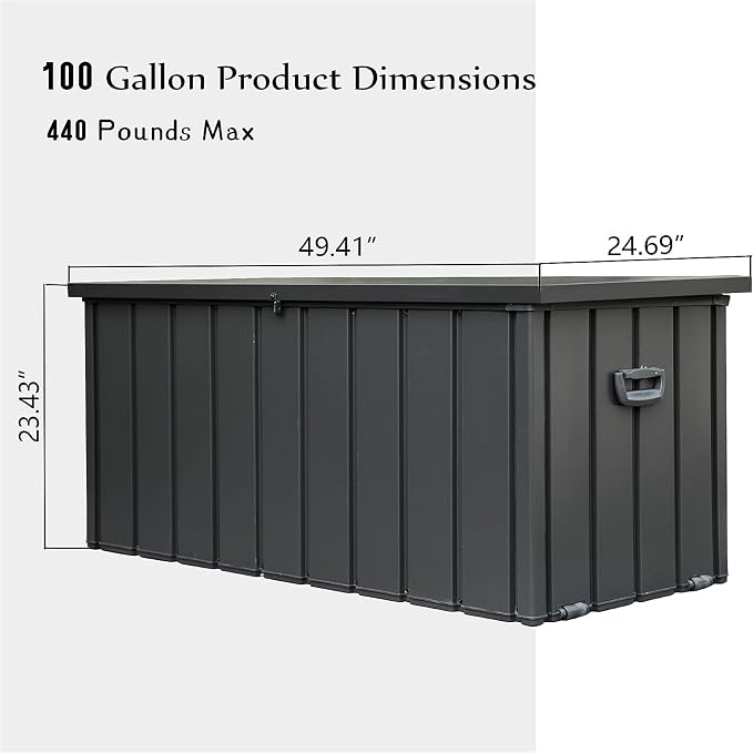 Redeer Outdoor Resin Deck Box, Waterproof Storage Box, Lockable for Patio Furniture, Garden Tools, Pool Accessories, UV-Resistant for All Weather Use (Dark Gray, 100, Gallons)