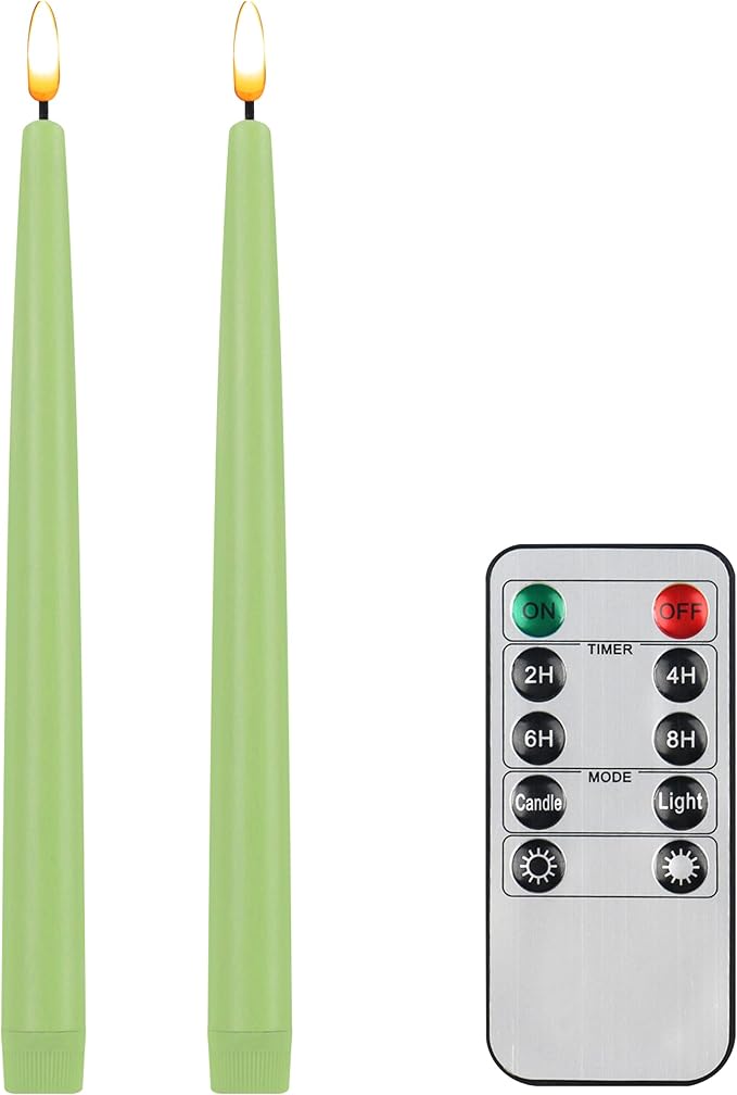 CVHOMEDECO. Flameless Taper Candles with 10-Key Remote, Battery Operated Led Flickering 3D Wick Window Candles Real Wax Finished Home Christmas Party Decor 0.78 x 11 Inch, Pack of 2, Light Green