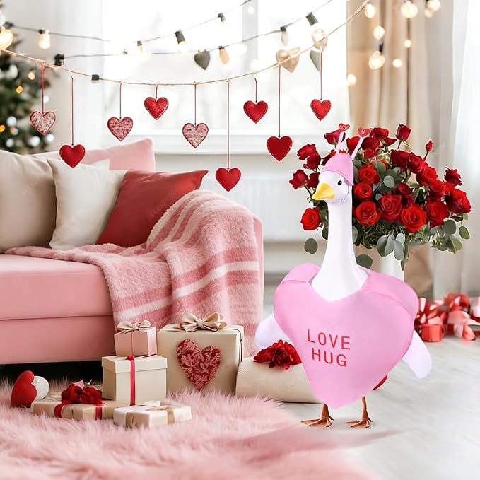 Valentine's Day Goose Outfit for 23" Porch Goose Holiday Pink Red Heart Cloths Costume Valentines Party Outdoor Garden Patio Yard Lawn Art Decoration(Love Hug)