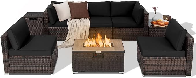 Tangkula 8 Piece Outdoor Wicker Sofa Set, Patio Rattan Conversation Set w/32” Propane Fire Pit Table & Tank Holder, 40,000 BTU Heat Output, Cozy Seat & Back Cushions, Fire Pit PVC Cover (Black)