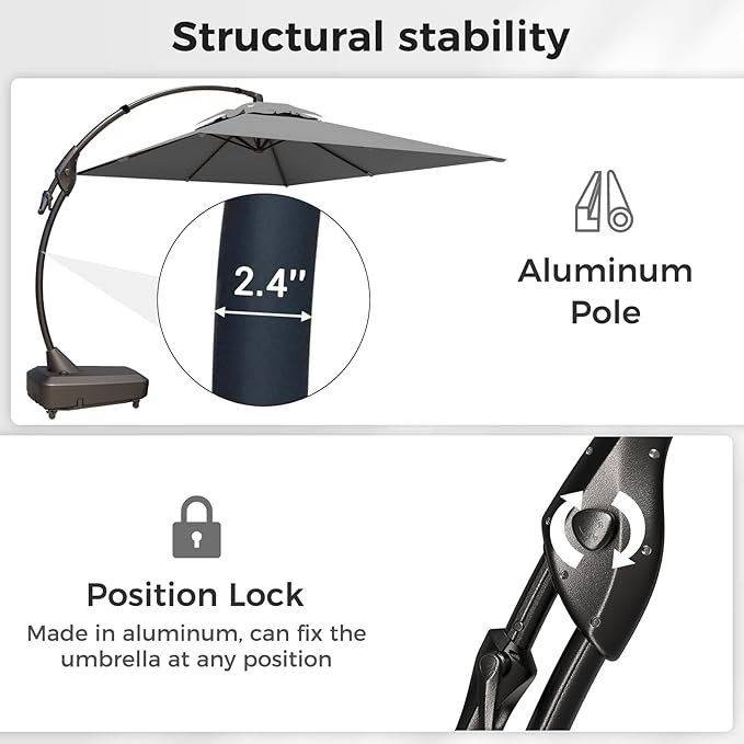 Grand patio 10x10 FT Patio Offset Umbrella, Large Square Aluminum Cantilever Umbrella Base Included for Deck Porch (Gray, 10x10 FT)