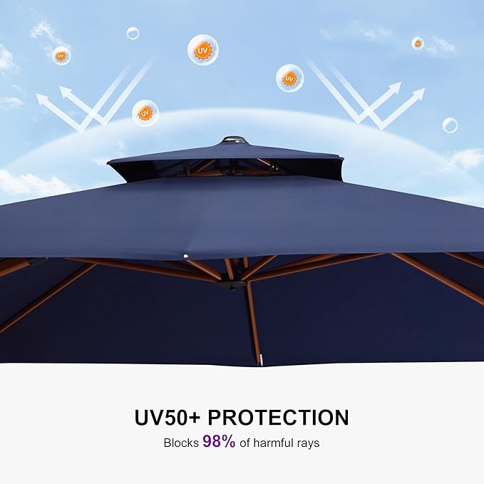PURPLE LEAF 10' X 13' Double Top Deluxe Wood Pattern Rectangle Patio Umbrella Offset Hanging Umbrella Outdoor Market Umbrella Garden Umbrella, Navy Blue