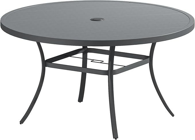 Patio Dining Table for 6-8, Round Metal Outdoor Table with 1.57" Umbrella Hole, 53" Outdoor Slat Tabletop Dining Table for Backyard, Porch, Lawn, Dark Grey