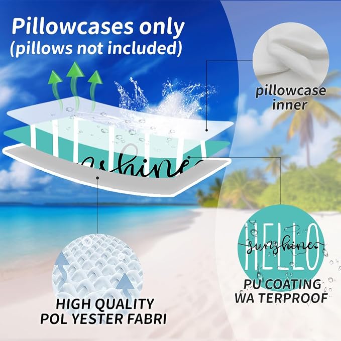 DFXSZ Blue Green Outdoor Waterproof Pillow Covers 20x20 Set of 2 | Hello Sunshine Decor Spring Summer Polyester Pillow Covers(NO INSERTS)| Decor for Patio Funiture Garden Sofa Couch