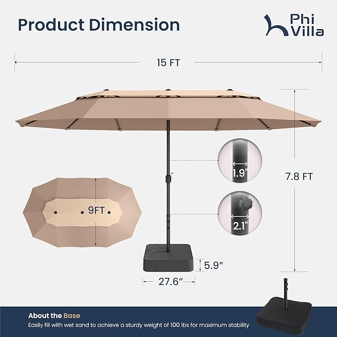 PHI VILLA 15ft Large Patio Umbrellas with Base Included, 2-Tier Outdoor Double-Sided Rectangle Market Umbrella with Stand, Outside Umbrellas for Poolside Lawn Backyard, Beige&Tan