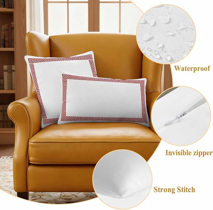 Outdoor Pillow Covers Set of 2, Greece Abstract Inspired Key Pattern Decorative Throw Pillow Covers 18X18IN, Red Twist Lines on White Throw Pillows Protector Cushion Case for Patio,Couch,Sofa,Garden
