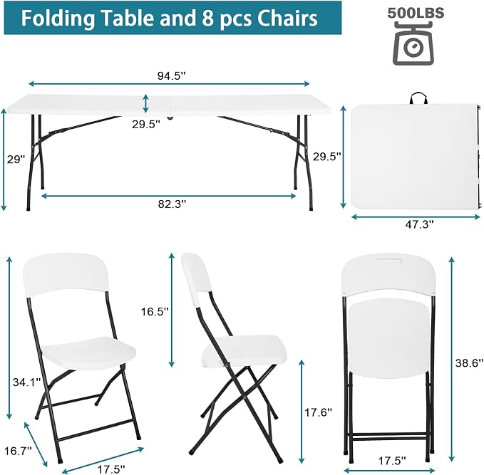 8ft Folding Table and Chairs, Outdoor Folding Chairs Set of 8, Foldable Table with Handle, Tables and Chairs for Parties, Picnic, Event, Indoor Outdoor Activities, at Home and Commercial Use, White