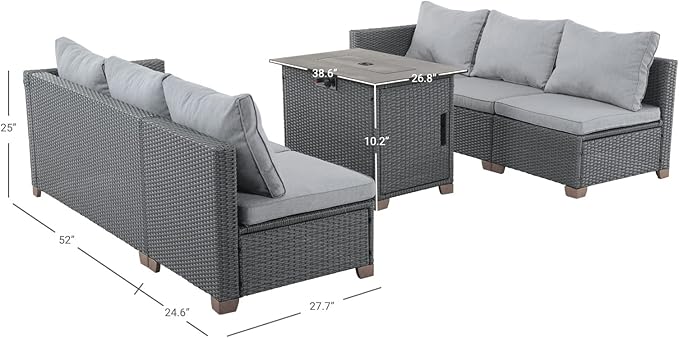 Grand patio 5 Pieces Wicker Outdoor Furniture Set,Patio Furniture Set with CSA Certification Fire Pit Table,Modular Sectional Sofa Sets with Olefin Cushions, 50,000 BTU Heat Output (Light Gray)