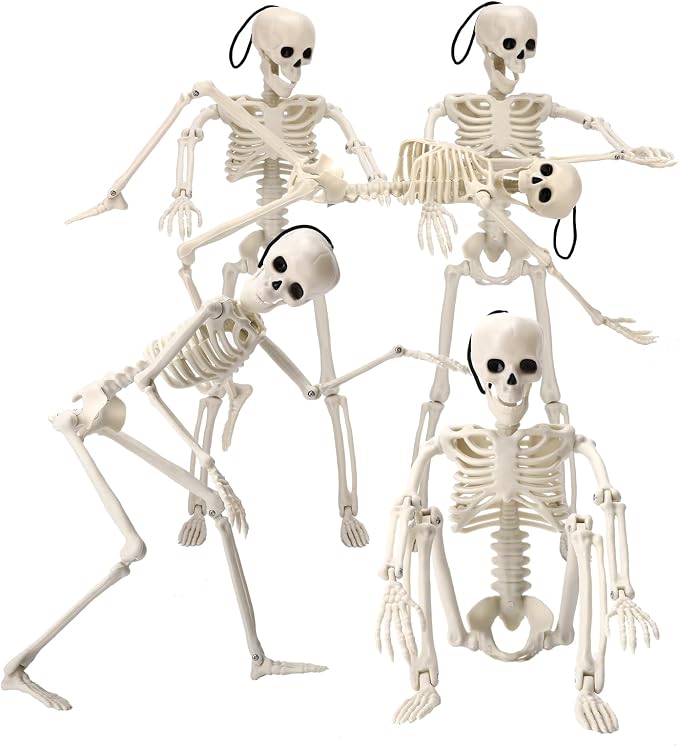 5 Packs Halloween Skeleton Decorations, 16" Halloween Mini Skeleton with Posable Joints, Spooky Poseable Plastic Skeletons for Yard Garden Lawn Haunted House Graveyard Props Decor