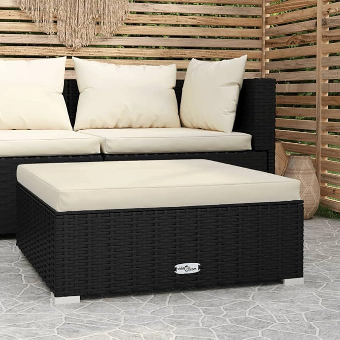 Patio Footrest with Cushion Black 27.6"x27.6"x11.8" Poly Rattan, Outdoor Patio Sectional, Outdoor Sofa Set, Furniture Conversation Sets, Outdoor Porch Furniture for Balcony, Yard
