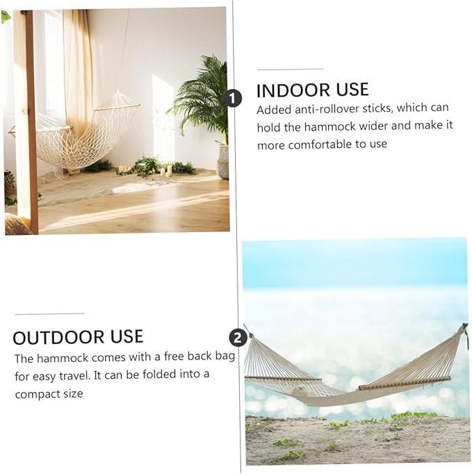 Single Person Rainbow Striped Canvas Hammock for Camping and Outdoor Leisure, Travel Portable Cotton Fabric Swing with Anti-tip Design, Red