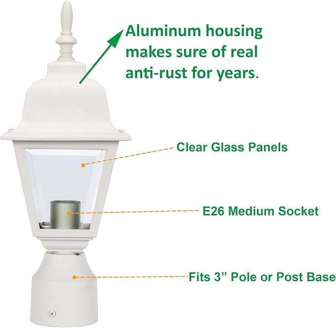 Outdoor Post Light, Rustproof Aluminum Pole Lamp, White | Exterior Lamp Post Light Fixture for Garden, Yard, Pathway, Waterproof, Glass, E26 Base, Max 60W