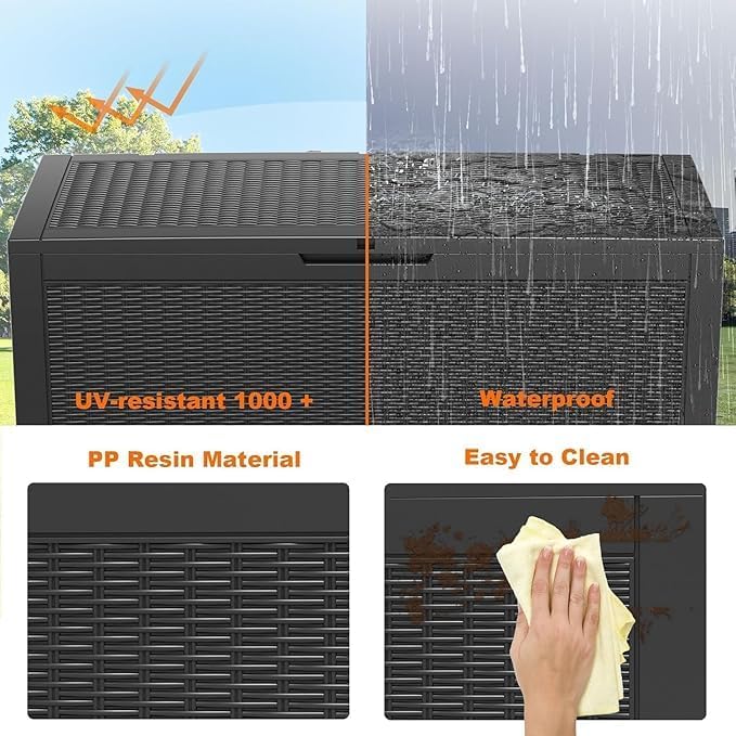 PatioZen 120 Gallon Outdoor Deck Box,Waterproof Resin Outdoor Storage Boxes, Outside Storage Lockable Container for Garden Tools,Indooor Cushions,Accessories (Black)