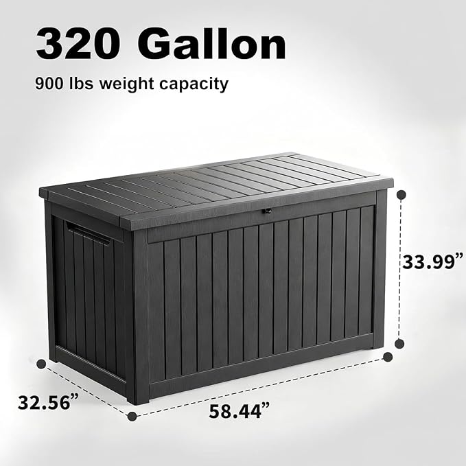 320 Gallon Large Outdoor Storage Box Waterproof, UV Resistant Resin Deck Box with Hydraulic Rod & Lockable Latch for Patio Furniture, Outside Storage Box for Garden Tools, Patio Cushions, Black