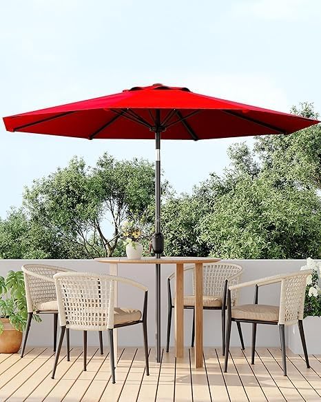 IDEALHOUSE 9Ft Outdoor Patio Umbrella, 8 Sturdy Ribs Table Umbrella With Crank Lift & Push Button Tilt, Market Umbrella UV Protection Waterproof for Garden, Deck, Backyard, Pool