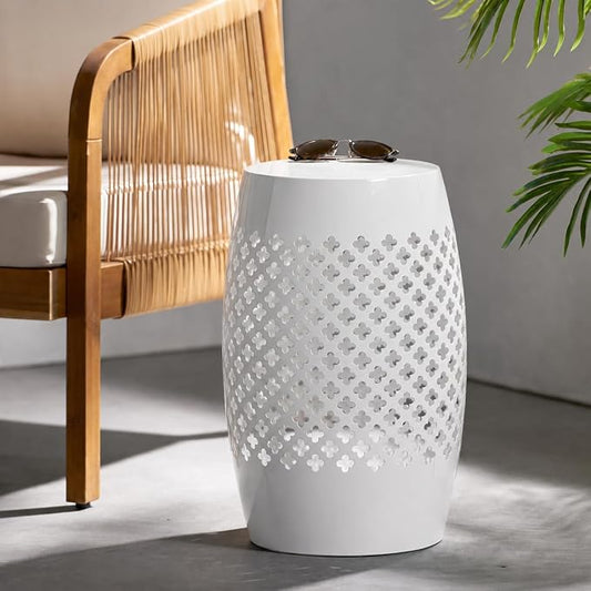 12" Outdoor Side Table, Decorative Cutout Metal Round Side Table, Multi Functional - Coffee Table, Night Stand, Plant Stand for Patio, Garden, Backyard, Gazebo Indoor (White)