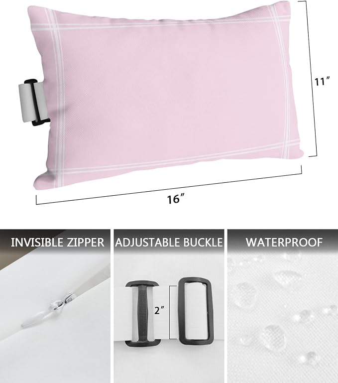 T&H XHome Outdoor Pillow for Chaise Lounge Chair, Solid Color Pink Waterproof Headrest Pillow Lumbar Pillows with Insert & Adjustable Elastic Strap for Beach, Poolside, Patio, Office (2 Pack)