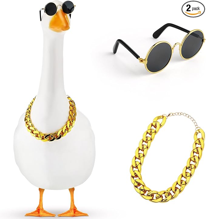 Shyyween Chain Collar and Sunglasses Porch Goose Outfits for Plastic Goose 23"/ 17'' Lawn Geese Statue Sunglasses Collar for Garden Geese Retro Pet Cosplay Party Yard (Gold,No Rhinestone)