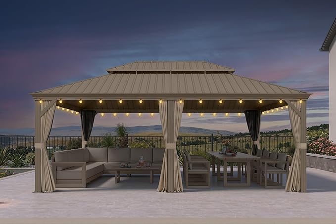 PURPLE LEAF Outdoor Gazebo 14'X20'，Champagne Hardtop Gazebo with Galvanized Steel Double Roof, Permanent Patio Gazebo with Curtains and Netting for Patio Lawn Garden and Deck