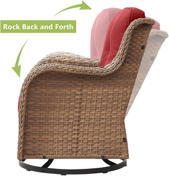 HUMMUH 3-Piece Swivel Rocking Rattan Chair Outdoor, Patio Bistro Furniture Conversation Set, Cushioned Wicker Chair with Glass Coffee Table(Yellow,Red)